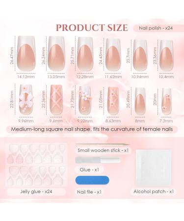 Press on Nails Medium Rhinestone - PITHER 24pcs Pink Fake Nails with 3D Flower Designs & Charms | Full Cover Square False Nails for Women and Girls - Buy Online on GoSupps.com