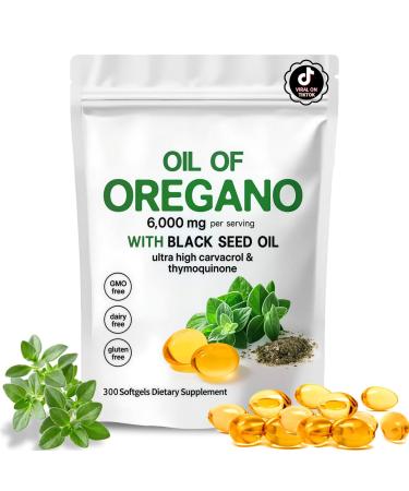 AOLBSPD Oil of Oregano with Black Seed Oil 2-in-1 Oregano Oil Capsules Organic 6000mg Per Serving 300 Softgels 4X Strength Carvacrol & Thymoquinone Non-GMO Gluten Free & Immune Support