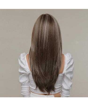 EMMOR Brown Long Layered Wig with Curtain Bangs - Heat Resistant Synthetic Fibre (Brown with Grey Highlight) - Buy Online on GoSupps.com