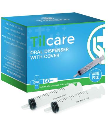30ml Oral Dispenser Syringe with Cover 50 Pack by Tilcare - Luer Slip Sterile Plastic Medicine Food Droppers for Children, Pets & Adults  Latex-free Medication Dispenser - Large Feeding Tube Syringes