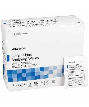 McKesson Hand Sanitizing Wipes - Individually Wrapped Single Towelettes for Travel - Moisturizing with Aloe and Vitamin E  100 Wipes  1 Pack