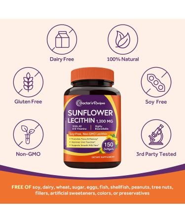 Doctor's Recipes Sunflower Lecithin 1200 mg for Men & Women Non-GMO All 8 B Vitamins with Folate Methyl B12 B6 Biotin & Inositol Nerve Cellular Energy Support 150 Softgels - Buy Online on GoSupps.com