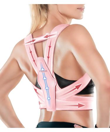 FILLOVE Posture Corrector for Women and Men with Magnetic Therapy Back Support Strong Traction & Fully Adjustable Upper Back Brace Back Straightener for Neck Clavicle Spine and Shoulder Pain Relief Pink Large/X-Large