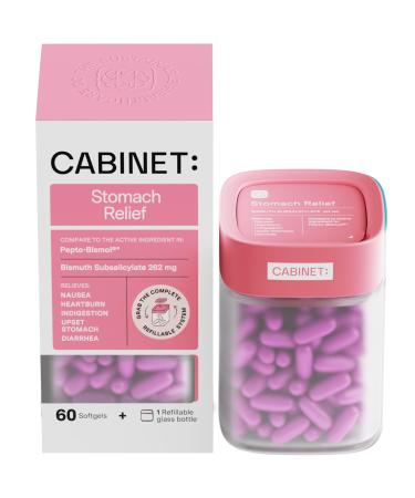 Cabinet: Stomach Relief Bismuth Subsalicylate 262mg 60 Count | Anti-Diarrheal Relief for Upset Stomach and Indigestion (Starter Kit)