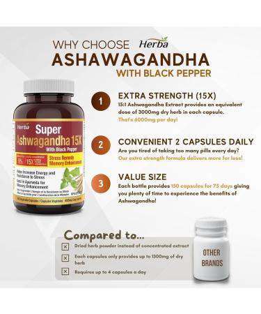 Herba Ashwagandha Supplement - 150 Capsules | 6000mg Per Day | 15:1 Extra Strength Ashwagandha Capsule with Black Pepper | Adaptogen for Energy & Stress | Made in Canada - Buy Online on GoSupps.com