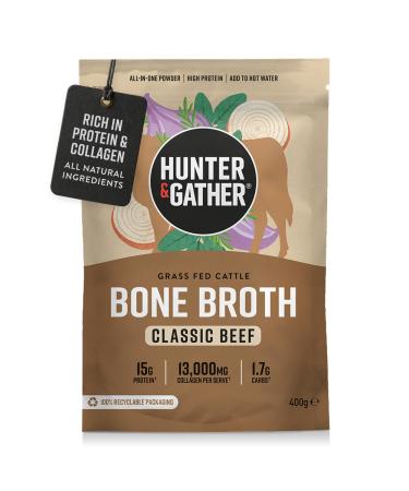 Hunter & Gather Bouillon d Os de B uf en Poudre 400g | 15g de Prot ines & Collag ne de B ufs Europ ens Nourris l Herbe | Instantan Sans Gluten | Pr t l Emploi | 74kcal/portion