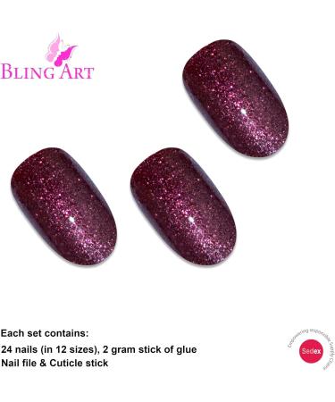 Bling Art Oval False Nails Gel Glossy Glitter French Manicure Fake Medium Tips with Glue (Sangria Gel) - Buy Online on GoSupps.com