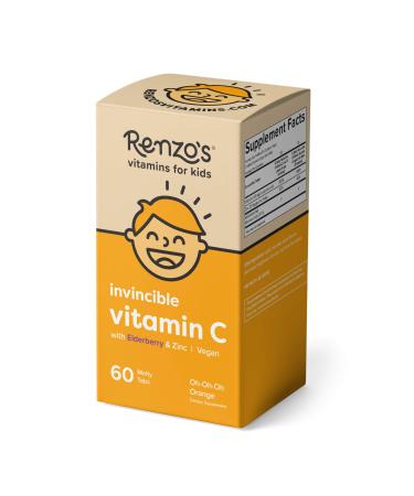 Renzo's Kids Vitamin C with Elderberry & Zinc for Immune Support, Vegan Vitamin C for Kids, Zero Sugar, Non-GMO, Oh-Oh-Oh Orange Flavor, Easy to Take Chewable Vitamin C Tablets, 60 Melty Tabs