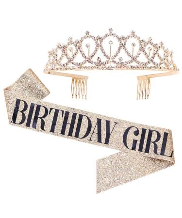 Birthday Girl Sash & Rhinestone Tiara Kit - Gold Glitter Birthday Gifts Birthday Sash for Women Birthday Party Supplies