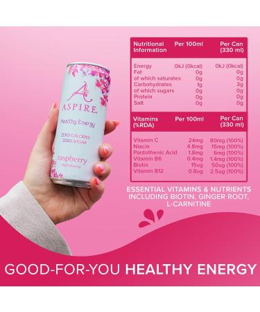 ASPIRE Healthy Energy Drink 12 x 330ml Cans - Raspberry Flavor | Zero Calories, Zero Sugar, Vegan & Gluten Free, Natural Plant Based Caffeine & Multivitamins - Buy Online on GoSupps.com