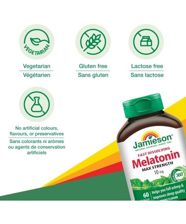 Jamieson Melatonin 10 mg Max Strength - Peppermint Flavour Fast Dissolving Tablets 60 Count (Pack of 1) - Buy Online on GoSupps.com