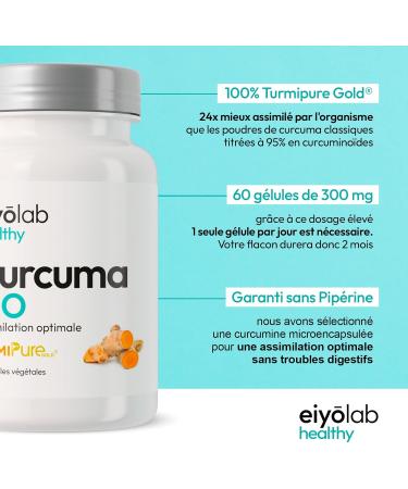 Organic Turmeric Capsules for Joints | Black Pepper Free for Excellent Digestive Tolerance | 60 Vegan Capsules of 300mg of Turmipure Gold Patented Curcumin | Made in France | Eiyolab - Buy Online on GoSupps.com