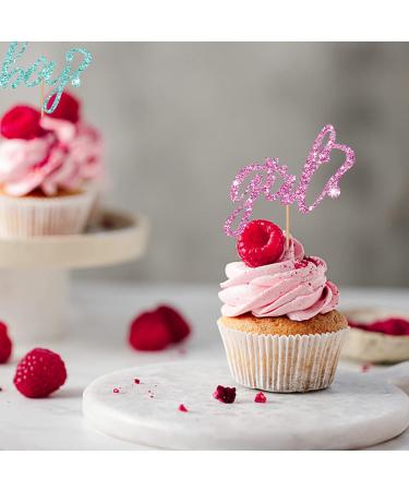 Boy Or Girl Cupcake Toppers Pink & Blue Glitter Baby Shower Cupcake Picks Bows Or Boots/He Or She Cake Decorations for Gender Reveal/First Birthday Party - 24pcs - Buy Online on GoSupps.com