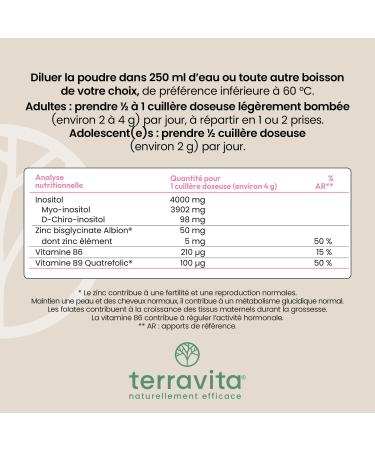 Myo-Inositol + D-Chiro-Inositol | Avec Zinc Bisglycinate B6 et Acide Folique B9 Quatrefolic | SOPK Soutien Hormonal et M tabolique | Ratio Optimal 40:1 | 120 Grammes Poudre Go t Neutre | Terravita - Buy Online on GoSupps.com