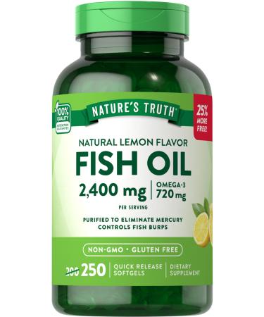 Nature's Truth Burpless Fish Oil 2400mg | 250 Softgels | 720 mg Omega 3 | Natural Lemon Flavor Pills | Non-GMO & Gluten Free Supplement