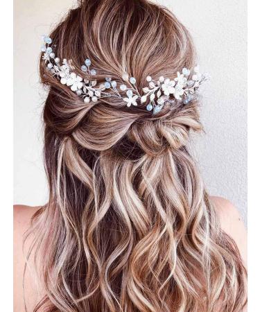 Handcess Flower Wedding Hair Vines Silver Pearls Crystal Headpieces Leaves Rhinestone Bridal Hair Accessoreies for Women and Girls - Buy Online on GoSupps.com