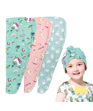 FAISOTY 3Pcs Microfiber Hair Towel for Kids  Quickly Drying Hair Towel with Button Using for Wet Hair Drying for Kids/Girls/Women