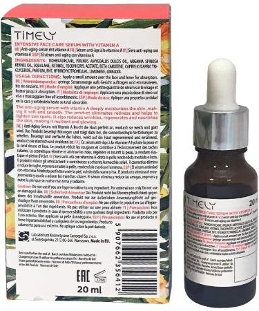 TiMELY Intensive face care serum with vitamin A 20 ml vitamin E sweet almond oil argan oil retinol anti aging eliminates redness helps to lighten sun spots - Buy Online on GoSupps.com