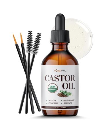 BodyJ4You Castor Oil for Eyelashes and Eyebrows - Hair Growth Oil Eyelash Brush Brow Serum Lash Oil - 100% Pure Castor Oil Organic Cold Pressed Unrefined Glass Bottle Hexane Free 4 Fl Oz
