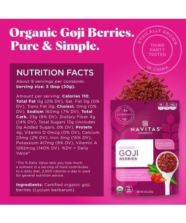 Navitas Organics Goji Berries 8 oz - Organic Non-GMO Sun-Dried Berries - 8 Servings, Sulfite-Free - 8 Ounce Pack - Buy Online on GoSupps.com