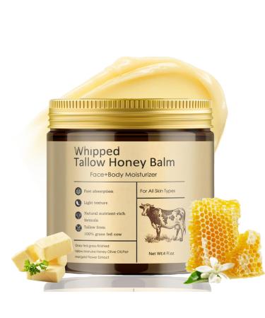 CLY AMS Beef Tallow for Skin Whipped Beef Tallow Honey Balm Tallow Face Moisturizer for Face & Body | Deep Hydration & Nourishment Smooth Skin Moisturizer Cream for Sensitive and Dry Skin / 4 Fl.Oz