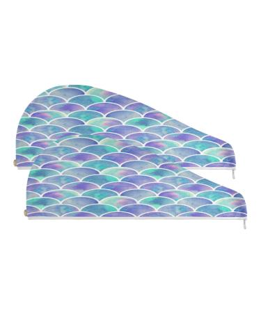 Watercolor Rainbow Scales Dry Hair Cap 2 Piece Quick Drying Towel Set with Button Headband Super Absorbent Soft & Comfortable