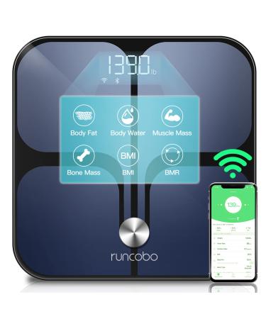 Digital Scale, Runcobo Wi-Fi Bluetooth Auto, Switch Smart Scale Digital Weight, Premium Body Fat Scale for Weight, 14 Body Composition Monitor, Support Multiple Users, Auto-Recognition Black