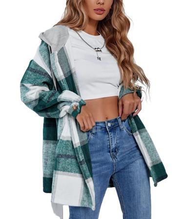 Xiaoxuemeng Womens Casual Plaid Hooded Shacket Flannel Jacket Button Down Shirt Hoodie #1green Medium