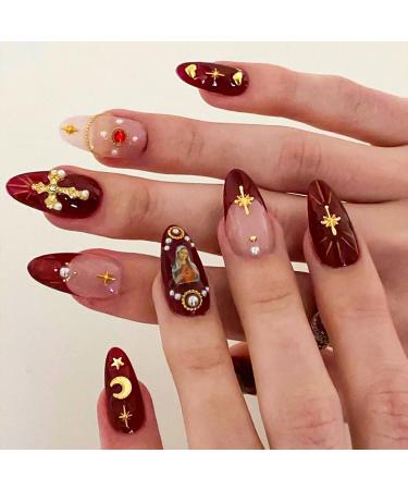 Medium Press on Nails Almond Fake Nails Gold Burgundy Red False Nails French Tip Nails Press on Acrylic Nails with 3D Nail Charms Cross Rhinestones Peal Moon Nail Gems Design Glue on Nails for Women mary