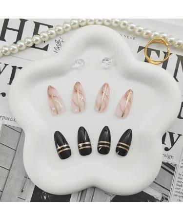 Almond Press on Nails - 24Pcs Gold Foil & Line Design | Medium Fake Nails with Champagne Glitter & Glossy Black Finish - International Shipping Available - Buy Online on GoSupps.com