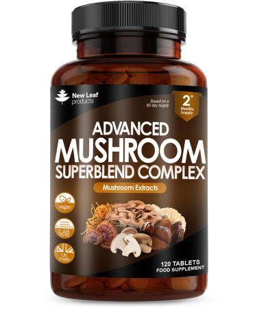Mushroom Complex - Lions Mane + Cordyceps Chaga Reishi Shiitak Maitake Mushroomss Blend - High Potency Supplement - Made in The UK - 120 Tablets - Buy Online on GoSupps.com