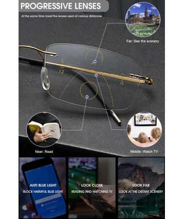 Vevesmundo Photochrome Reading Glasses | Blue Light Filter Metal Titan Multifocal Varifocal Glasses for Men - 1.5x Gold Lens - Buy Online on GoSupps.com