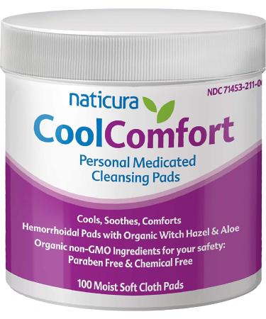 Naticura CoolComfort Personal Cleansing Pads with Organic Witch Hazel and Aloe Vera - All-Natural and Fast Acting Wipes for Hemorrhoid Burning, Itching, Pain and Swelling - 100 Pads - No Parabens 100 Count (Pack of 1)