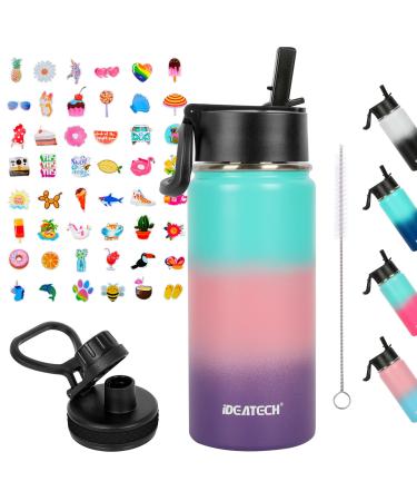 Kids Water Bottle with Straw 16oz BPA-Free Leakproof Stainless Steel Sport Water Bottle with 2 Lids Includes 100pcs Toddler Insulated Water Bottle Stickers for Boys and Girls School Greenpurplepink