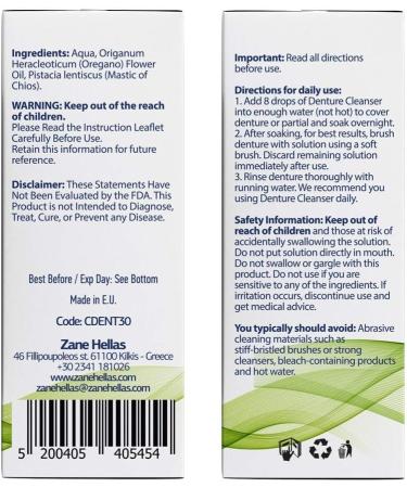 Zane Hellas Denture Cleaner with Oregano Oil Power - Remove Plaque, Tartar, Stains, and Bad Odor - 100% Herbal Solution for Dentures, Retainers, Braces, Mouth Guards - 1 fl.oz - Buy Online on GoSupps.com