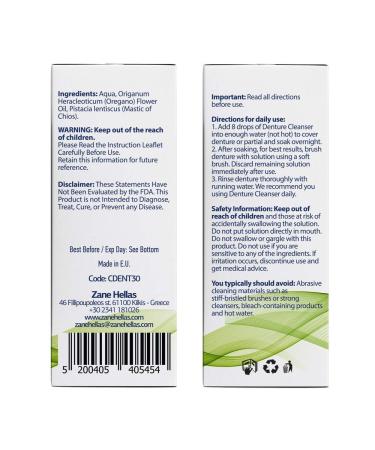 Zane Hellas Denture Cleaner with Oregano Oil - 100% Herbal Solution for Dentures Retainers Braces & Mouth Guards - Removes Plaque Tartar Stains & Bad Odor - 1 fl. oz. (30ml - Buy Online on GoSupps.com
