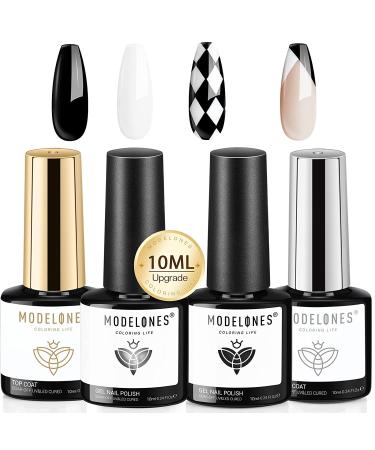 Modelones Gel Nail Polish Kit- 2 Colors 10ML Black White Gel Polish with Gel Top and Base Coat Starter Kit Soak Off U V Gel Nail Manicure Gift for Women DIY Home Salon