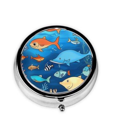 Blue Underwater World of Fish Portable Metal Pill Box Round Mini 3-Compartment Plastic Insert hinged Fastening Design Suitable for Small Pills Must-Have for Travel