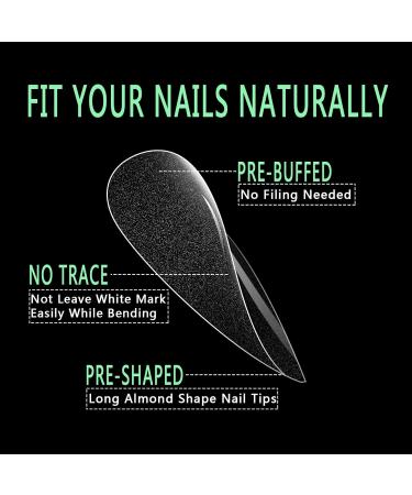 504pcs False Fake Nail Tips Pre-Buff Long Almond for Acrylic LEA-SHALL Soft Gel PMMA No File Matte Tip Break Resistant Clear Full Cover Nails Traceless Artificial Press On Kit Extension Set 504pcs Pre-Buffed Long Almond with Box - Buy Online on GoSupps.com