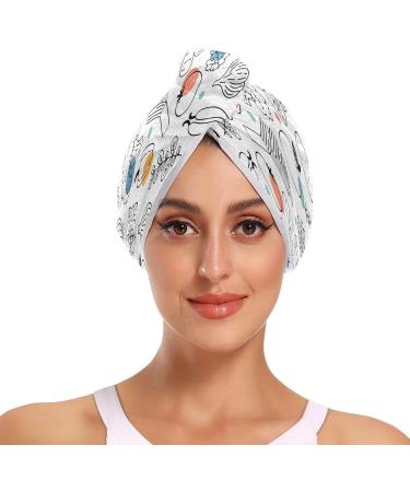 Doodle Vegetables & Fruits Dry Hair Cap Set - 2 Piece Quick Drying Towel with Button Headband Super Absorbent & Soft Comfort - Buy Online on GoSupps.com