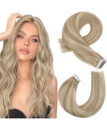 Moresoo 40 cm real hair extensions tape seamless hair extension real hair remy tapes in extensions real hair gold blonde with medium blonde invisible extensions real hair 40 cm 20 pieces/50g #16/24 40 cm 1. #p16/22