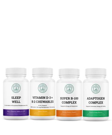 2nd Springs Essential Supplement Bundle - Vitamin D3+K2 Chewables Super B-100 Complex Sleep Well & Adaptogen Complex