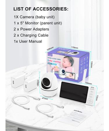 Vsifehso Babyphone with Camera - 5 Baby Monitor 720p Two-Way Audio Night Vision Temperature Monitoring Lullaby Alarm - International Shipping Available - Buy Online on GoSupps.com