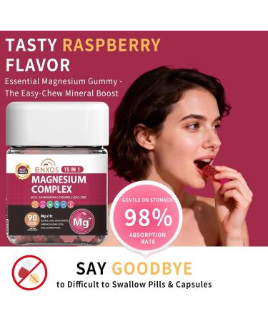15-in-1 Magnesium Complex Gummies 350 mg/Serv with Ashwagandha Root Vitamin D3 L-Theanine Zinc Gluconate CoQ10 Stress Relief Glycinate Gummy Sugar Free Chews Supplement for Adults Sleep (Raspberry) - Buy Online on GoSupps.com