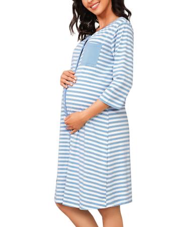 Marvmys Maternity Nightdress For Hospital Breastfeeding Nightwear 3/4 Length Sleeves Nursing Nightgown Button Down Sleep Shirt V Neck Pajama Soft Loungwear For Pregnant Women A-blue L