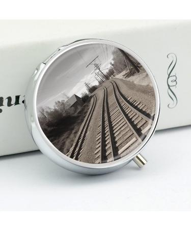 Train Track Print Round Pill Box | 3 Compartment Metal Pill Organizer | Portable Decorative Pocket Pill Case - Style 11 - Buy Online on GoSupps.com