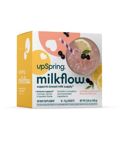UpSpring Milkflow Immune Support Breastfeeding Supplement Drink Mix Fenugreek-Free Moringa | Elderberry Lemonade Flavor | Lactation Supplement to Support Breast Milk Supply* | 16 Mixes