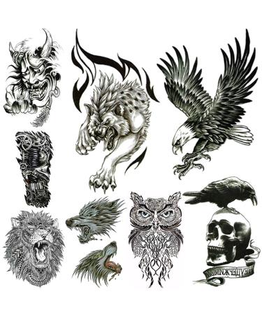 Large Temporary Tattoos for Men Body Stickers Fake Arm Chest Shoulder Leg Tattoo Cool Lion Eagle Owl Wolf Skull Waterproof Temp Tattoo Fashion Removable Tattoo Transfer Paper (8 Sheets).