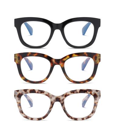 Oversized Reading Glasses for Women 3 Pack Blue Light Blocking Computer Spring hinge Readers+0.75 Black&leopard&grey Leopard 0.75 x