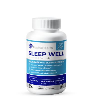 RAPHA HEALTH - Sleep Well | Natural Sleep Aid with Magnesium Glycinate Valerian Root and Chamomile | Non-Habit Forming | 60 Capsules - 30 Nights of Restful Sleep